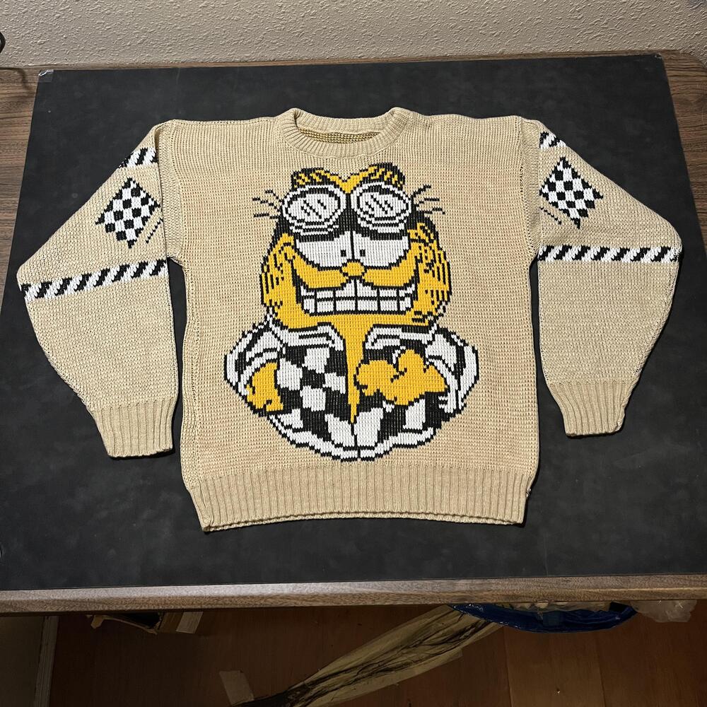 Garfield Vintage Sweater Drag Race Street Demon Checkered Flag 70s Cat Cowichan